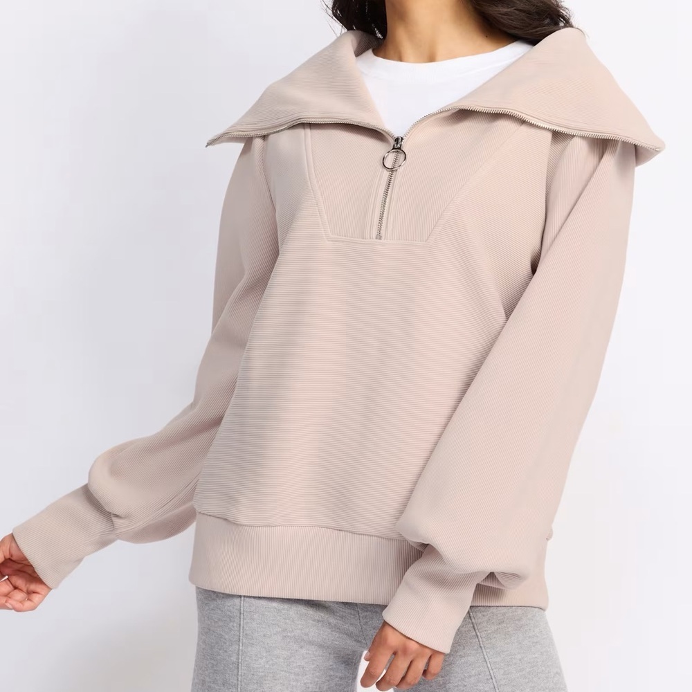 Varley Vine Half Zip Mushroom Taupe Ribbed Quarter-Zip Top Medium
